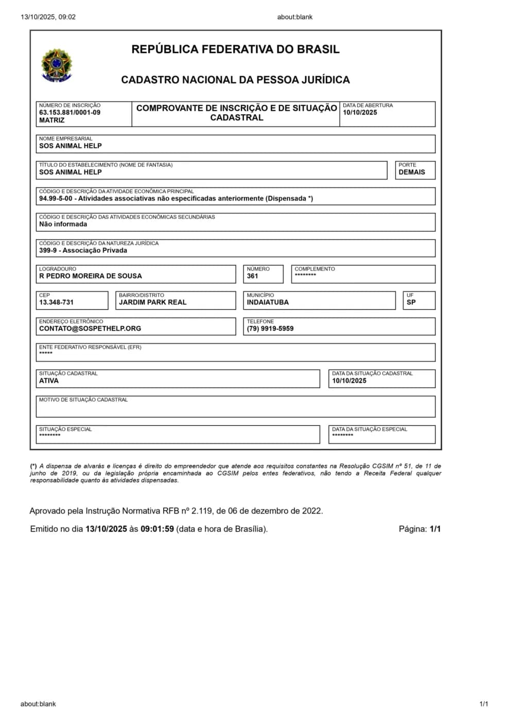 Comprovante de inscrição e de situação cadastral emitido pela Receita Federal em nome de SOS Animal Help, CNPJ 63.153.881/0001-09, com situação cadastral ativa.
