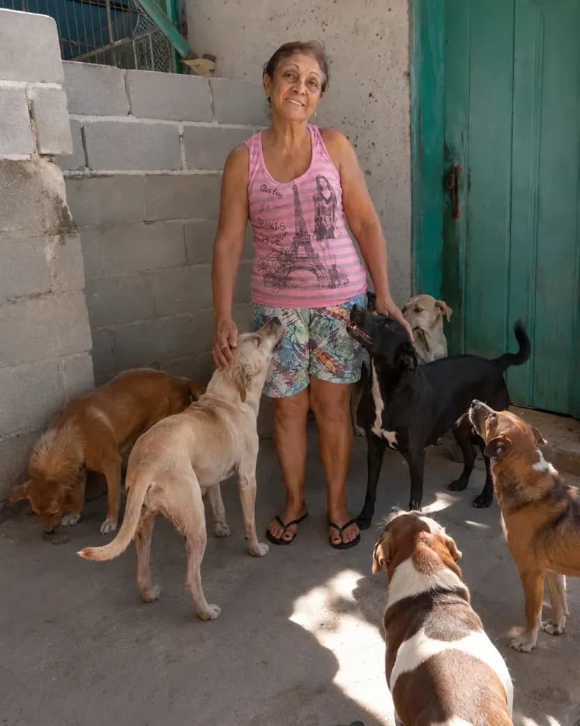 Cuidadora do Abrigo Dona Rose em pé no quintal, cercada por cães acolhidos.