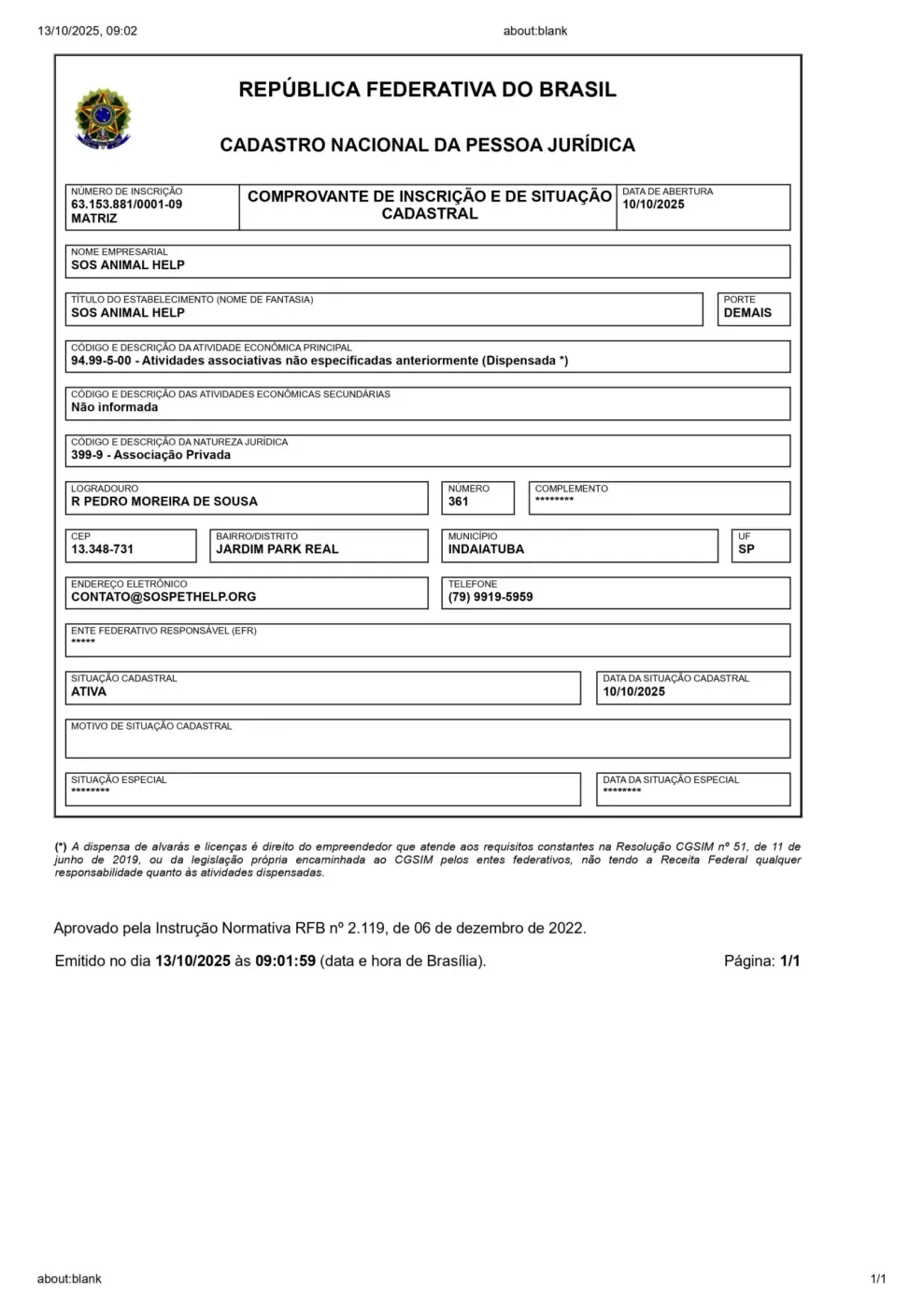 Comprobante de inscripción y de situación catastral emitido por la Receita Federal de Brasil a nombre de SOS Animal Help, CNPJ 63.153.881/0001-09, con situación activa.