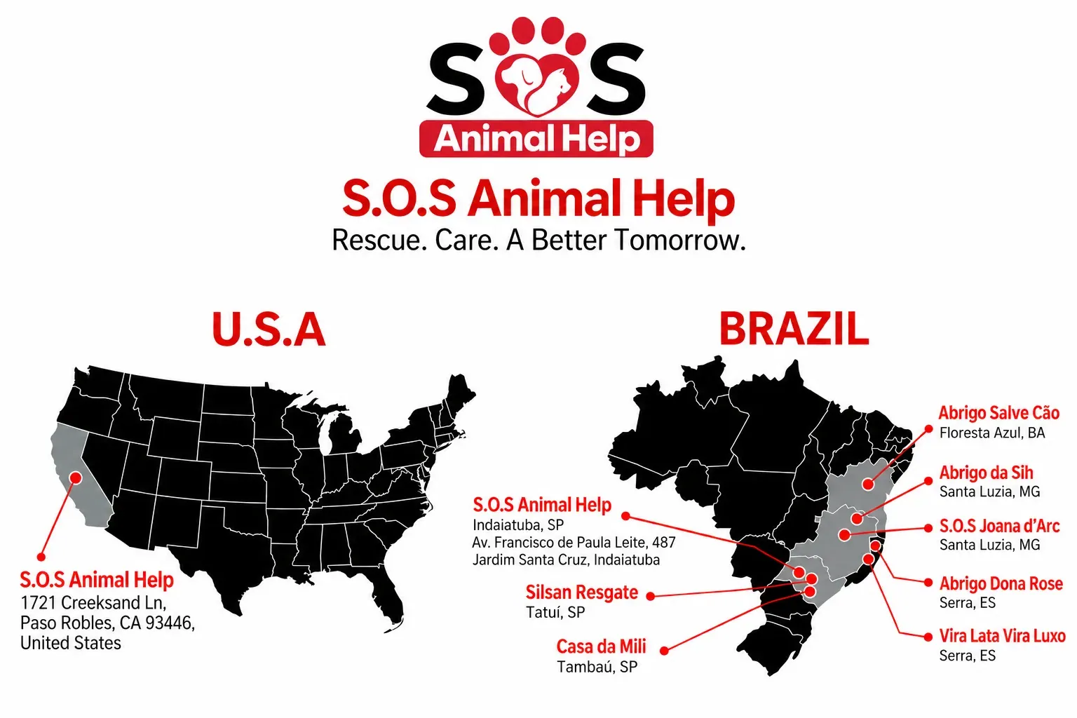 Map showing the SOS Animal Help headquarters and member projects.